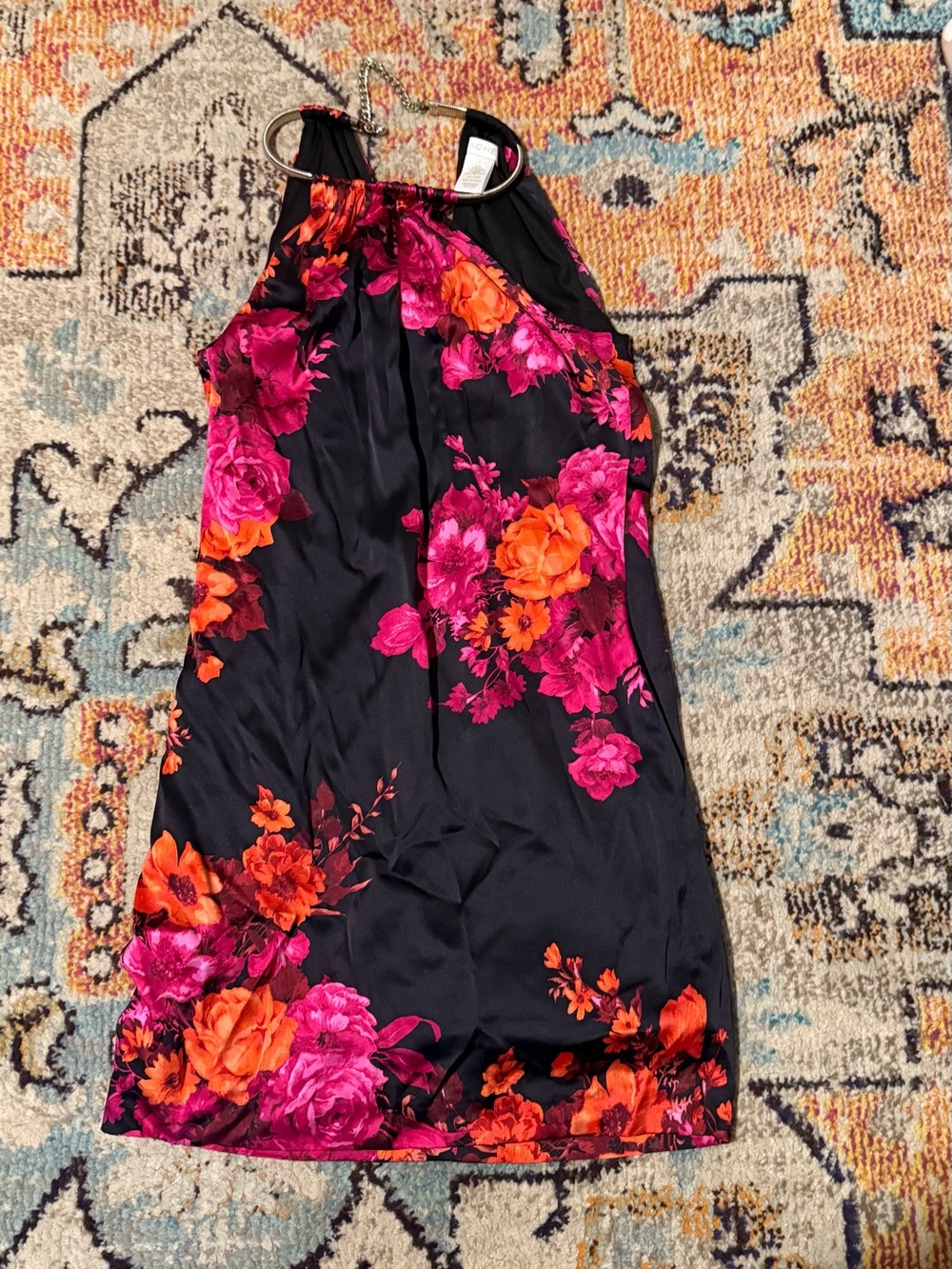 Cache Black Halter Mini Dress with Pink & Orange Floral Print